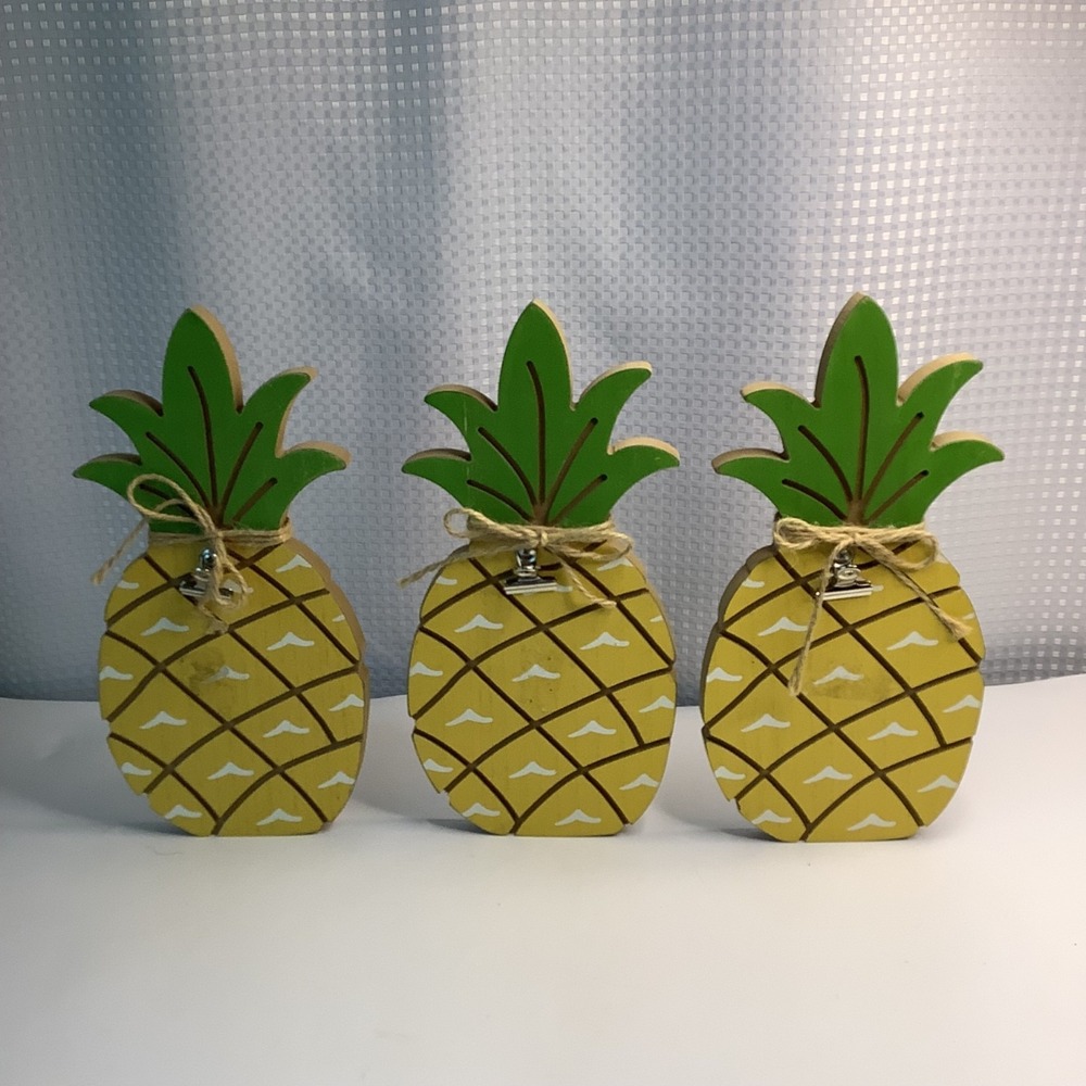 Hand Painted Wooden Pineapple Set of 3 w/ Clip for Pictures or Notes